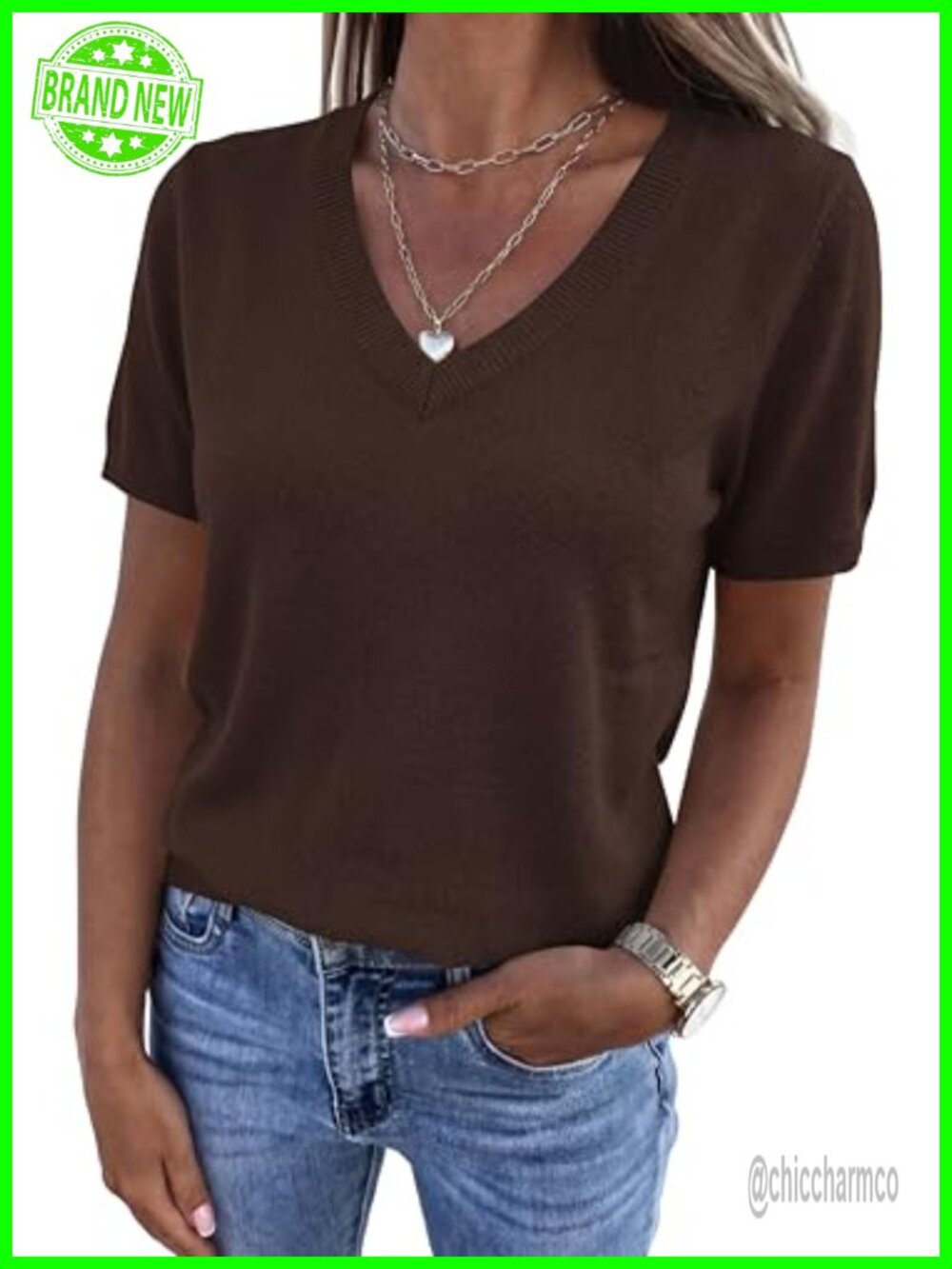 Short Sleeve V Neck Sweater Pullover Soft Knit Business Casual